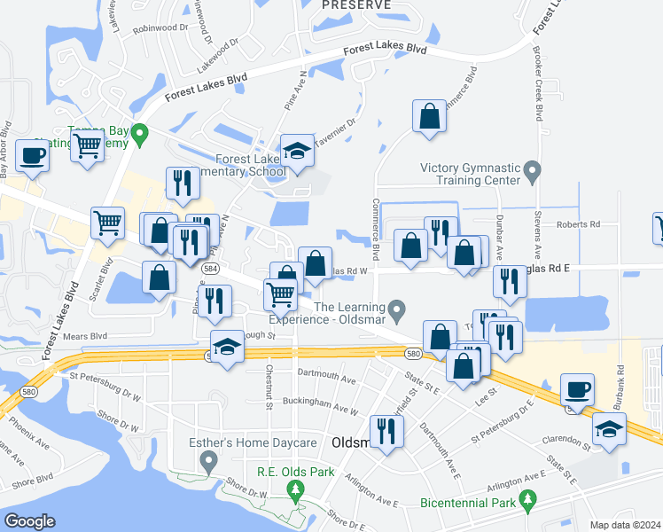 map of restaurants, bars, coffee shops, grocery stores, and more near 148 Douglas Road West in Oldsmar