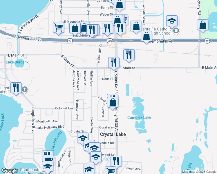 map of restaurants, bars, coffee shops, grocery stores, and more near 318 South Eastside Drive in Lakeland