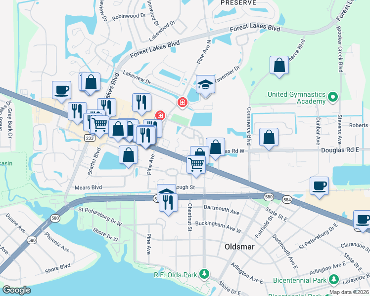 map of restaurants, bars, coffee shops, grocery stores, and more near 318 Vista Cruiser Lane in Oldsmar