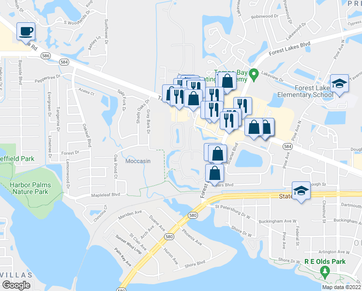 map of restaurants, bars, coffee shops, grocery stores, and more near 64 Emerald Bay Drive in Oldsmar