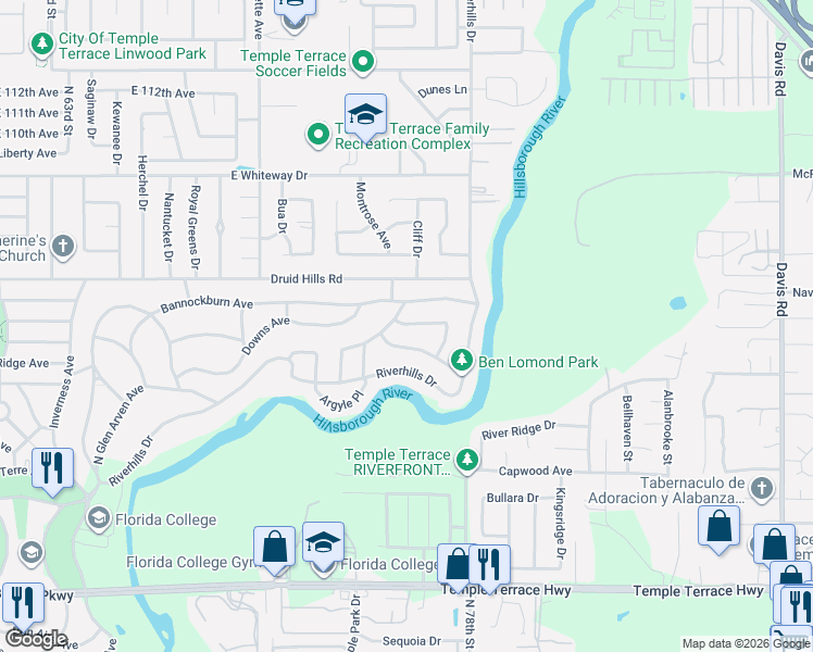 map of restaurants, bars, coffee shops, grocery stores, and more near 805 Bannockburn Avenue in Tampa