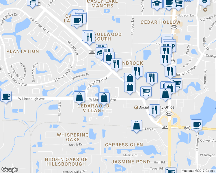 map of restaurants, bars, coffee shops, grocery stores, and more near 10117 Farmingdale Place in Tampa
