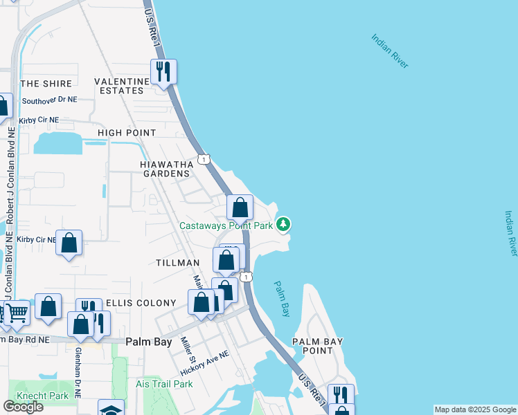 map of restaurants, bars, coffee shops, grocery stores, and more near 3105 Bay Boulevard Northeast in Palm Bay