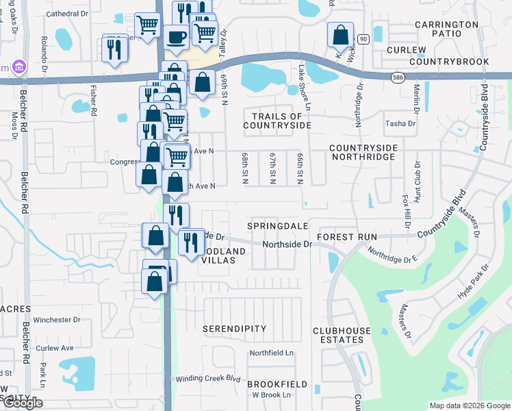 map of restaurants, bars, coffee shops, grocery stores, and more near 6756 297th Avenue North in Clearwater
