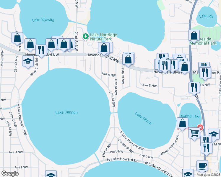 map of restaurants, bars, coffee shops, grocery stores, and more near 1806 17th Street Northwest in Winter Haven