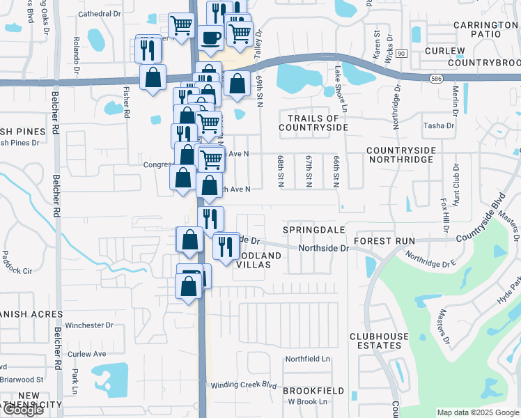 map of restaurants, bars, coffee shops, grocery stores, and more near 2494 Highland Acres Drive in Clearwater