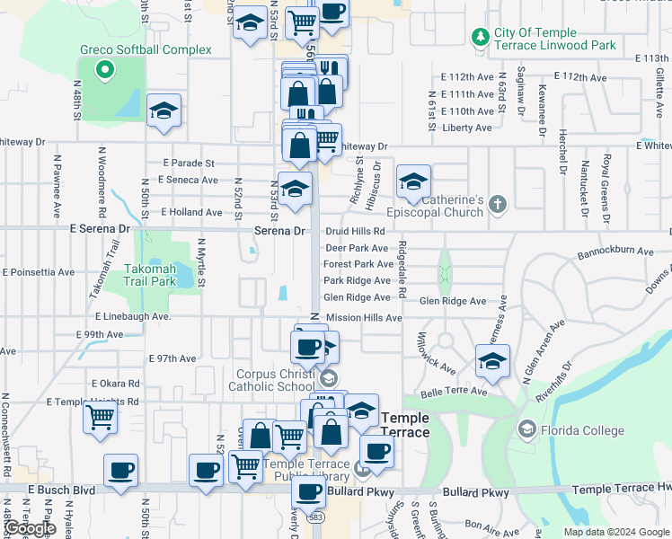 map of restaurants, bars, coffee shops, grocery stores, and more near 201 Deer Park Avenue in Temple Terrace