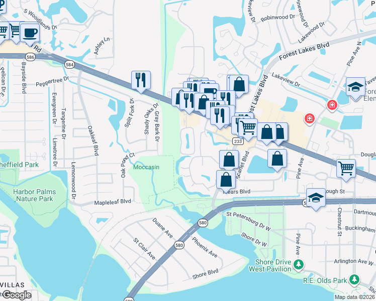 map of restaurants, bars, coffee shops, grocery stores, and more near 29 Emerald Bay Drive in Oldsmar