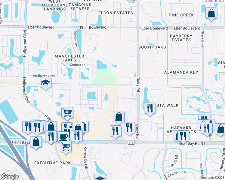 map of restaurants, bars, coffee shops, grocery stores, and more near 1618 Snicole Avenue in Melbourne