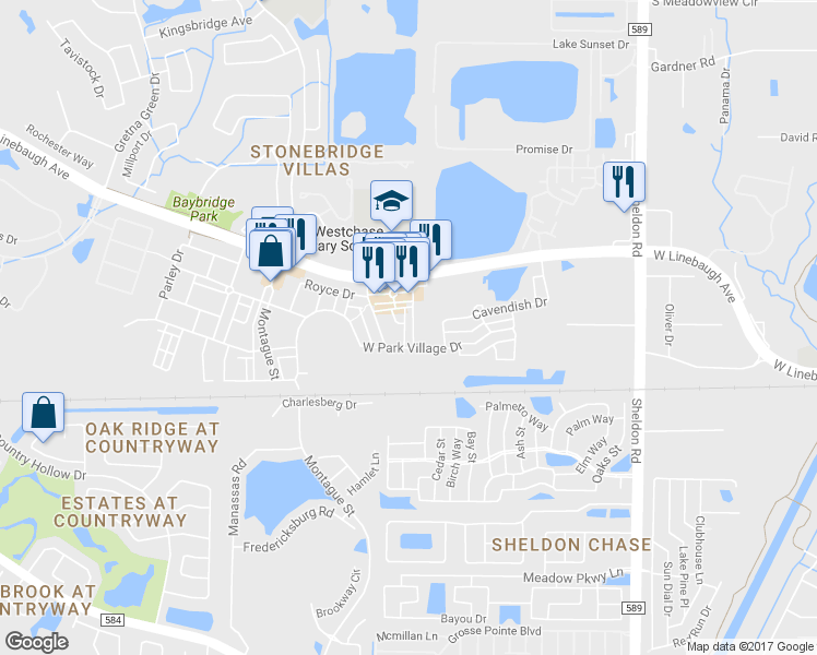 map of restaurants, bars, coffee shops, grocery stores, and more near 10019 Bradwell Place in Tampa