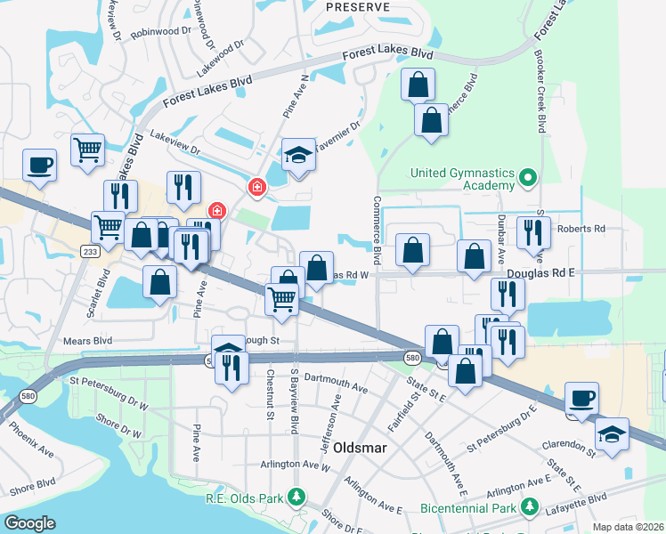map of restaurants, bars, coffee shops, grocery stores, and more near 148 Douglas Road West in Oldsmar
