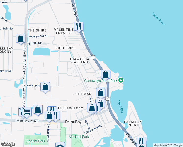 map of restaurants, bars, coffee shops, grocery stores, and more near 2837 Shwonda Avenue Northeast in Palm Bay