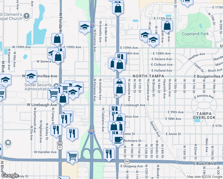 map of restaurants, bars, coffee shops, grocery stores, and more near 822 East Mc Ewen Avenue in Tampa