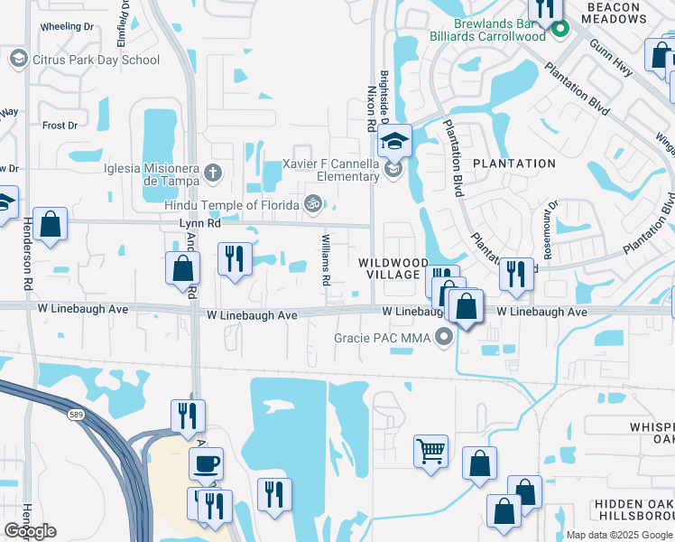 map of restaurants, bars, coffee shops, grocery stores, and more near 10301 Trail Ridge Lane in Tampa
