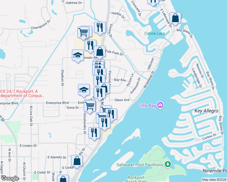 map of restaurants, bars, coffee shops, grocery stores, and more near 1904 Cochran Lane in Rockport