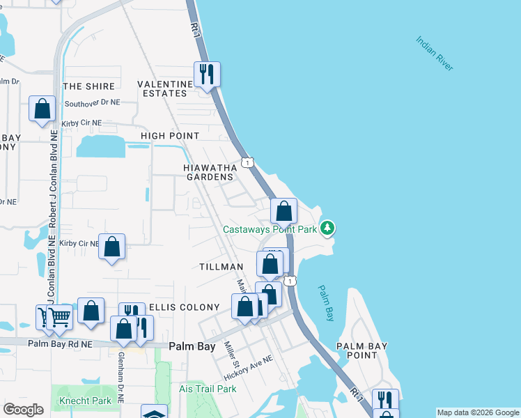 map of restaurants, bars, coffee shops, grocery stores, and more near 2891 Nokomis Avenue in Palm Bay