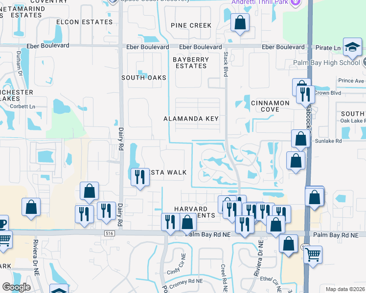 map of restaurants, bars, coffee shops, grocery stores, and more near 790 Luminary Circle in Melbourne