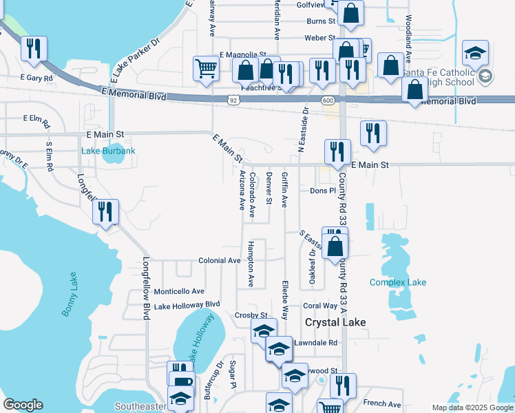 map of restaurants, bars, coffee shops, grocery stores, and more near 206 Colorado Avenue in Lakeland