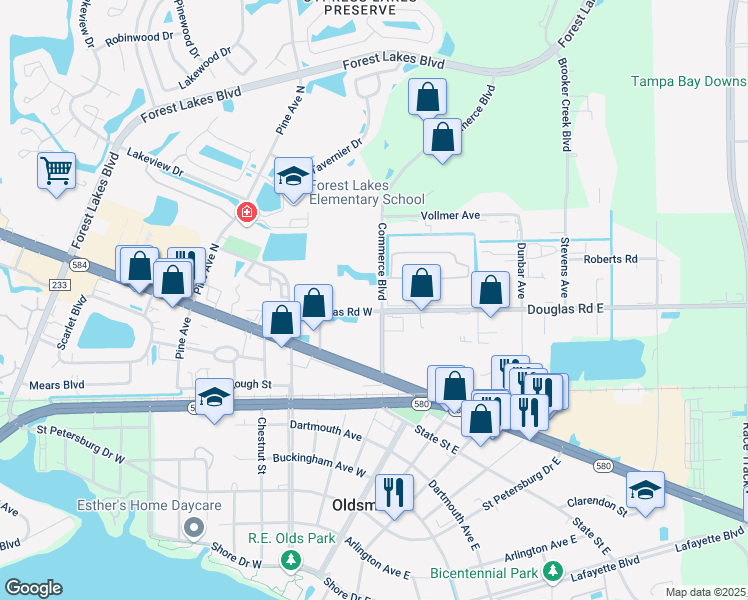 map of restaurants, bars, coffee shops, grocery stores, and more near 126 Douglas Road West in Oldsmar