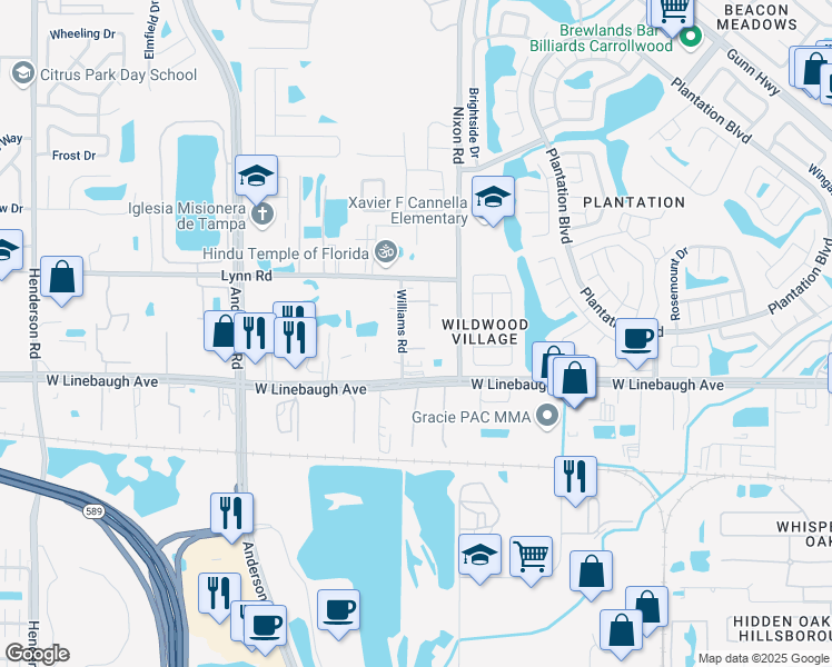 map of restaurants, bars, coffee shops, grocery stores, and more near 10301 Trail Ridge Lane in Tampa