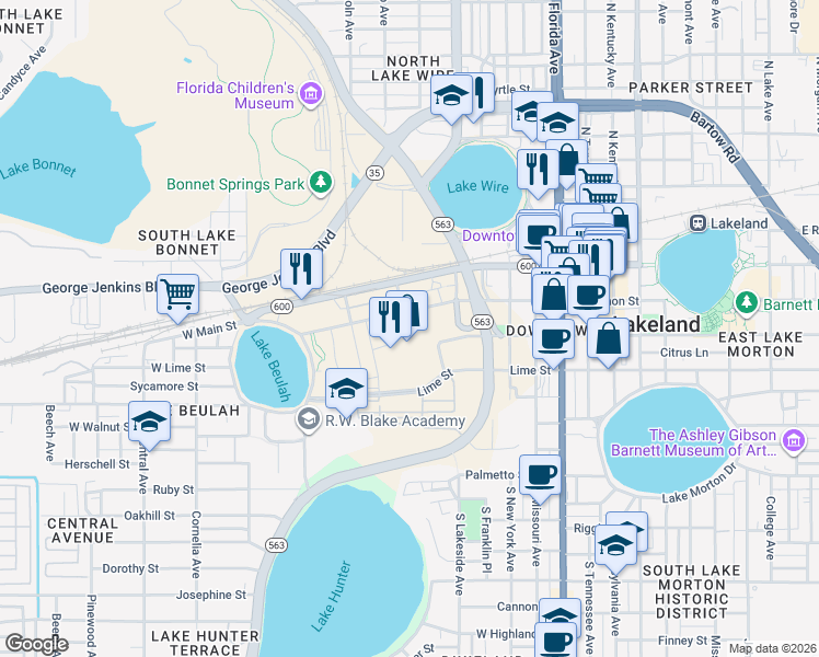 map of restaurants, bars, coffee shops, grocery stores, and more near 698 West Lemon Street in Lakeland