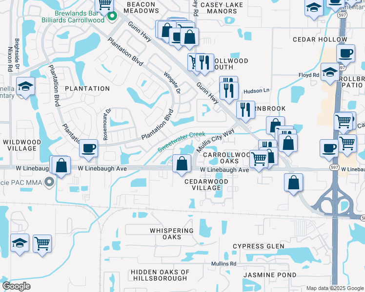 map of restaurants, bars, coffee shops, grocery stores, and more near 4520 Shadberry Drive in Tampa