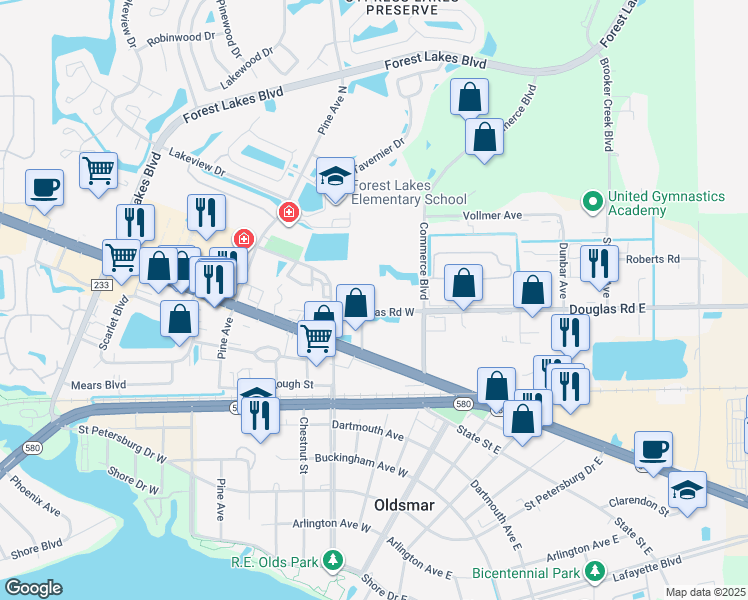 map of restaurants, bars, coffee shops, grocery stores, and more near 148 Douglas Road West in Oldsmar