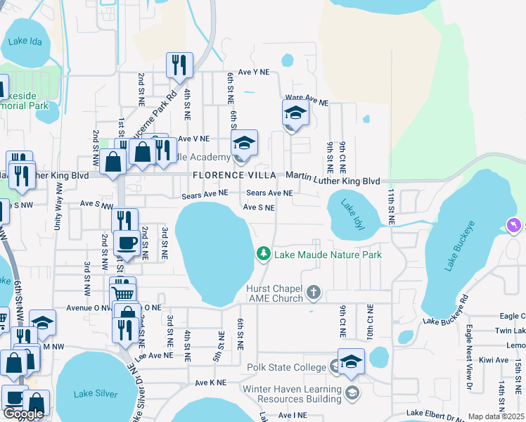 map of restaurants, bars, coffee shops, grocery stores, and more near 622 Avenue South Northeast in Winter Haven