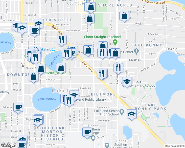 map of restaurants, bars, coffee shops, grocery stores, and more near 225 South Ingraham Avenue in Lakeland