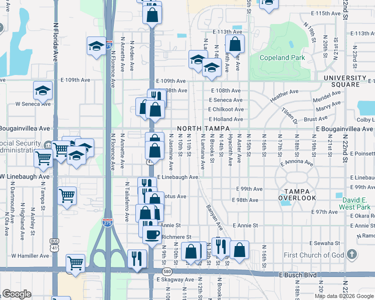 map of restaurants, bars, coffee shops, grocery stores, and more near 10109 North 11th Street in Tampa