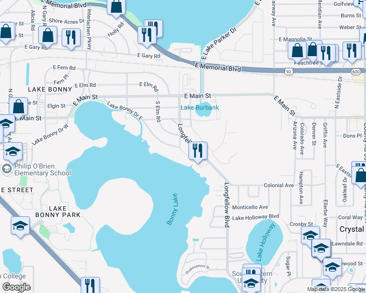 map of restaurants, bars, coffee shops, grocery stores, and more near 501 South Elm Road in Lakeland