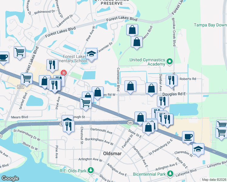 map of restaurants, bars, coffee shops, grocery stores, and more near 126 Douglas Road West in Oldsmar