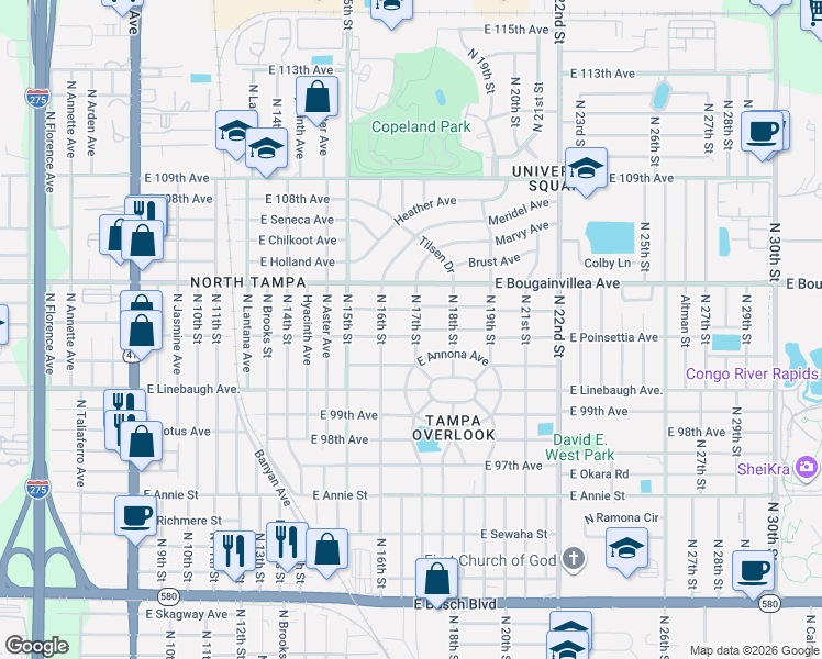 map of restaurants, bars, coffee shops, grocery stores, and more near 1701 East Navajo Avenue in Tampa