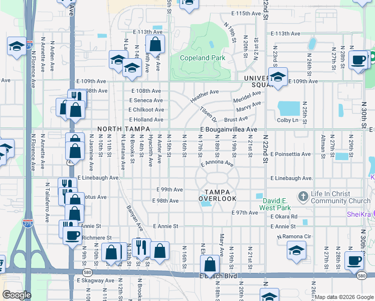 map of restaurants, bars, coffee shops, grocery stores, and more near 1601 East Navajo Avenue in Tampa