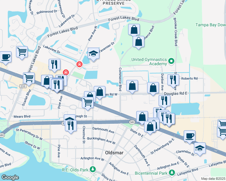 map of restaurants, bars, coffee shops, grocery stores, and more near 126 Douglas Road West in Oldsmar
