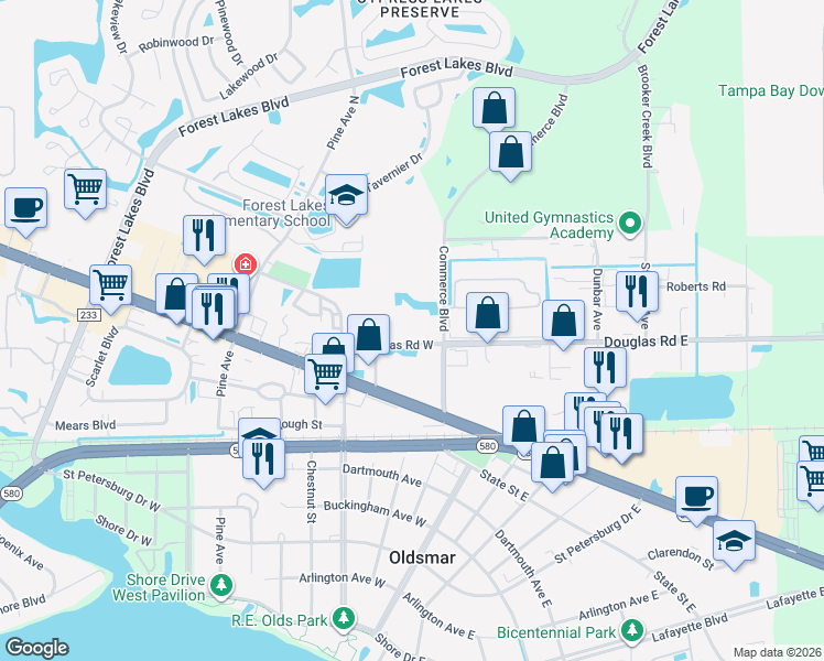 map of restaurants, bars, coffee shops, grocery stores, and more near 126 Douglas Road West in Oldsmar