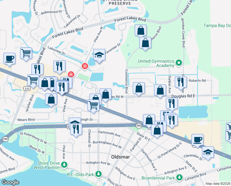 map of restaurants, bars, coffee shops, grocery stores, and more near 148 Douglas Road West in Oldsmar