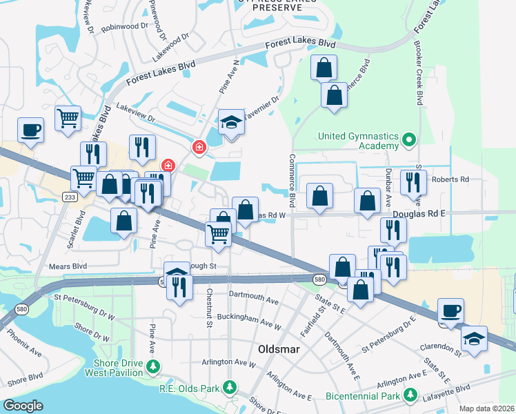 map of restaurants, bars, coffee shops, grocery stores, and more near 148 Douglas Road West in Oldsmar