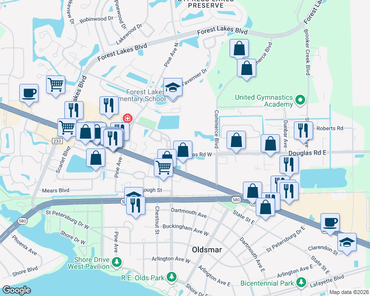 map of restaurants, bars, coffee shops, grocery stores, and more near 148 Douglas Road West in Oldsmar