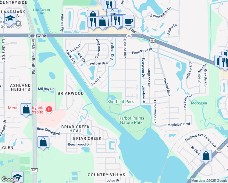 map of restaurants, bars, coffee shops, grocery stores, and more near 2035 Sheffield Court in Oldsmar