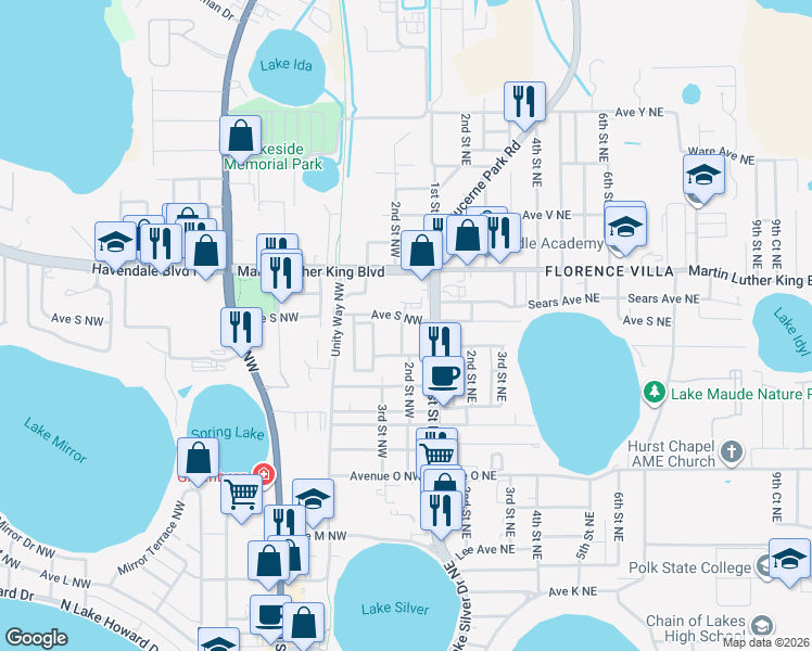 map of restaurants, bars, coffee shops, grocery stores, and more near 1830 2nd Street Northwest in Winter Haven