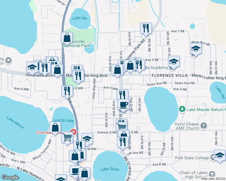 map of restaurants, bars, coffee shops, grocery stores, and more near 120 Avenue South Northeast in Winter Haven