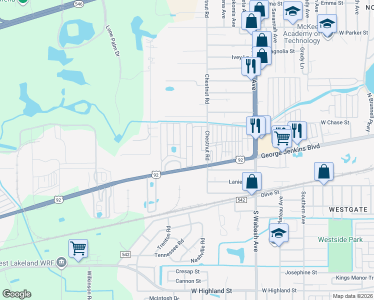 map of restaurants, bars, coffee shops, grocery stores, and more near 22 West Imperial Drive in Lakeland
