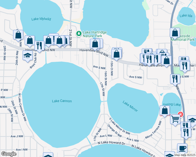 map of restaurants, bars, coffee shops, grocery stores, and more near 1352 E Lake Cannon Dr NW in Winter Haven
