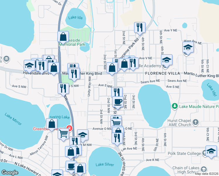 map of restaurants, bars, coffee shops, grocery stores, and more near 120 Avenue South Northeast in Winter Haven
