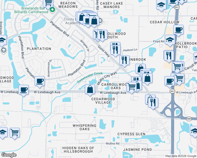 map of restaurants, bars, coffee shops, grocery stores, and more near 10122 Winsford Oak Boulevard in Tampa