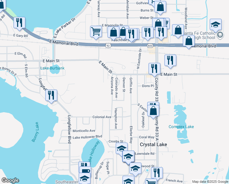 map of restaurants, bars, coffee shops, grocery stores, and more near 206 Colorado Avenue in Lakeland