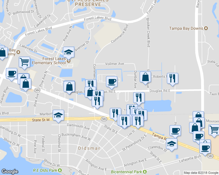 map of restaurants, bars, coffee shops, grocery stores, and more near 136 Douglas Road East in Oldsmar