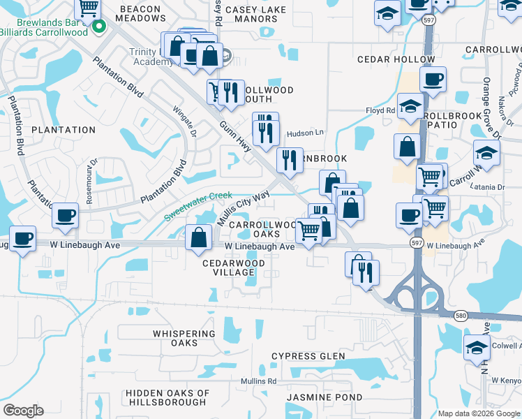 map of restaurants, bars, coffee shops, grocery stores, and more near 4322 Fincastle Court in Tampa