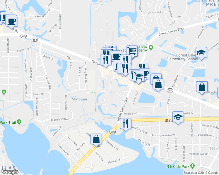 map of restaurants, bars, coffee shops, grocery stores, and more near 68 Emerald Bay Drive in Oldsmar